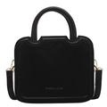 Chic black wavy top handle crossbody bag with gold lettering on clean white background - Black