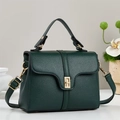 Dark green lychee pattern leather handbag with gold metal twist lock and shoulder strap - Green