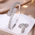 Elegant silver-plated iced out open bangle and ring set with baguette cubic zirconia - Silver 2-Piece Set