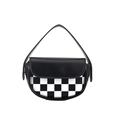 Mini borsa a sella a scacchi con patta nera e tracolla sottile alla moda - Scacchiera Bianca e Nera / Nero