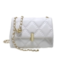 White quilted chain crossbody bag with gold metal hardware and rectangular buckle - White