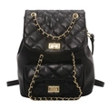 Mochila negra acolchada con bordado de rombos y correas de cadena dorada - Negro