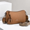 Brown litchi pattern crossbody bag with ribbon logo and ethnic style woven strap - Khaki/Earth Yellow