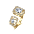 Adjustable gold open ring with rectangle zircon main stones and halo diamond accents - Gold Plated (RP2141)