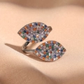 Adjustable leaf ring with colorful cubic zirconia pavé in polished silver plating - Multicolor Double Leaf Style (FSRP2033D)