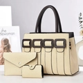 Three-piece beige woven tote bag set with brown leather handles for versatile daily commute - Off-white