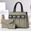 Three-piece large tote bag set with textured woven fabric and dark brown leather handles - Green