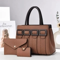 Three-piece brown large capacity tote bag set with textured shoulder bag and pouch - Khaki/Earth Yellow