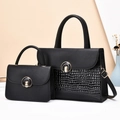 Black crocodile embossed 2-piece tote bag set with golden metal hardware and shoulder strap - Black