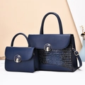 Navy blue faux leather tote and crossbody bag set with elegant crocodile texture - Blue