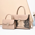 Detail of beige tote set featuring snakeskin texture and horseshoe metal buckle - Khaki