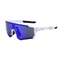 White splash-patterned cycling sunglasses with oversized deep blue mirrored lens - C6 Ink Dot White / Dark Blue Coating