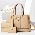 Beige crocodile embossed handbag set with 3-piece tote and metallic circular logo - Khaki