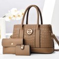 Brown 3-piece tote set with crocodile texture and circular logo in luxury style - Brown