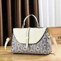 Sac à bandoulière beige chic avec imprimé monochrome, rabat et boucle en métal dorée - Blanc Style 2 (Motif Géométrique)