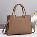 Brown woven texture handbag with gold hardware and dual top handles for women - Brown