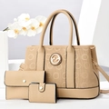 Three-piece beige lychee leather bag set with tote, pouch and card holder in macro detail - Khaki