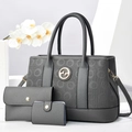 Set borse tre pezzi in pelle grigia con dettagli dorati e decorazione floreale - Grigio