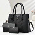 3-piece black woven embossed tote bag set with matching wallet and card holder - Tote Bag, Purse And Card Holder / Black
