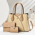Three-piece set featuring beige textured tote, matching clutch, and card holder on display - Tote Bag, Purse And Card Holder / Khaki