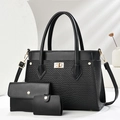Schwarzes dreiteiliges Damenhandtaschen-Set mit geprägter Textur und goldenen Details - Schwarz