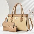 Modernes beiges 3-in-1 Handtaschen-Set für Damen mit Webmuster und goldener Hardware - Khaki