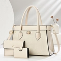 Beiges 3-teiliges Luxus-Handtaschen-Set mit Webstruktur und goldenen Details - Gebrochenes Weiß
