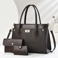 Detailed view of dark brown textured 3-piece bag set with gold hardware and strap - Coffee