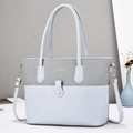 Borsa tote minimalista patchwork blu e grigia con stampa fashion in oro e manici superiori - Blu