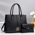 Elegant two-piece black PU leather handbag set with gold hardware and shoulder strap - Black