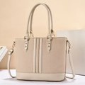 Minimalistische beige geweven draagtas met leren rand en verstelbare schouderriem voor dames - Khaki