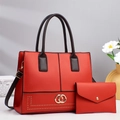 Red striped contrast tote bag set with golden buckle and matching clutch purse - Red