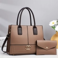 Two-piece set of high-capacity faux leather handbags with gold rings and decorative studs - Khaki