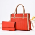 Detail of striped tote bag set with envelope wallet and gold hardware on white background - Tote Bag And Wallet Combination / Red