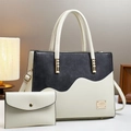 Elegante borsa tote bicolore bianca e nera con motivo a onde e dettagli dorati - Grigio Patchwork Bianco Sporco