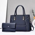 Navy blue striped handbag set with gold rivets including shoulder bag and envelope pouch - Dark Blue