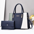 Three-color patchwork tote bag set with matching wallet and adjustable strap - Blue