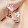 Bague ajustable argentée avec zircon rose rectangulaire et pierre blanche en poire - Style Ouvert Zircone Blanche Poire Rose Rectangulaire (ZPR387C) / Blanc Rose Plaqué Or Blanc (ZPR387C)