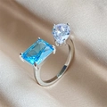 Adjustable Toi et Moi silver ring with emerald-cut blue stone and teardrop zircon - White Blue Plated White Gold (ZPR387D)