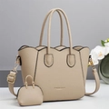 Beige litchi grain tote bag set with wave edge design and detachable shoulder strap - L28xW12xH20cm / Khaki