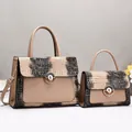 Minimalist beige matte crocodile pattern tote bag set with metal ring buckle and crossbody bag - Khaki