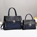 Deep blue crocodile pattern tote bag set with golden metal lock and shoulder strap - Blue