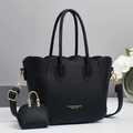 Close-up of black lychee grain leather tote with gold hardware and scalloped edge detail - L28xW12xH20cm / Black