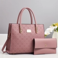 Pink embossed tote bag set with matching long wallet and gold hardware details - Two-Piece Set / Pink