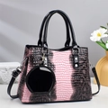 Pink and brown animal pattern tote bag with dual handles and small round coin purse - Pink