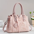 Elegant pink marble leather handbag for women with metallic V-shaped accent and strap - Pink