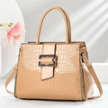 Beige crocodile embossed shiny leather handbag with gold buckle and top handle - Khaki