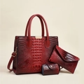 Three-piece dark red crocodile embossed handbag set with gradient finish and metal trim - Tote Bag, Clutch And Coin Purse Set / Red
