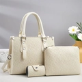 Chic cream woven texture three-piece tote bag set with elegant circular handle and pouches - Off White