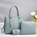 Detail of light blue woven texture on 3-piece tote set with handbags and wallet - Blue